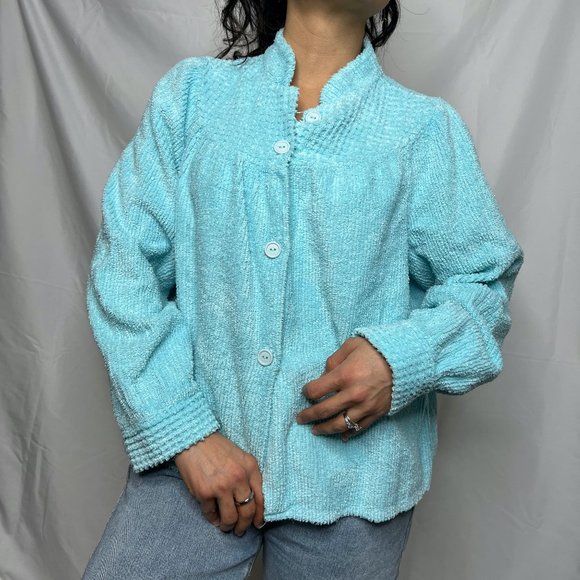 Vintage 1970s chenille bed jacket robe medium blue button down robe top romantic - Picture 3 of 9